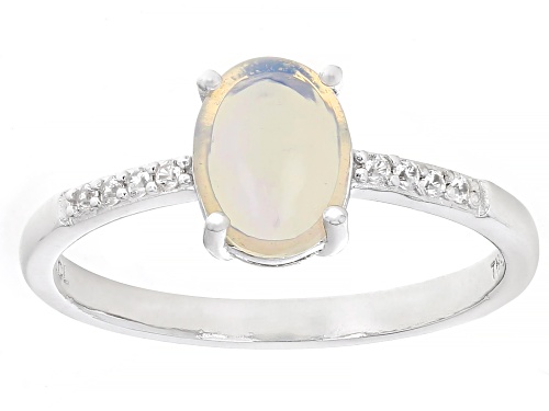 8x6mm White Ethiopian Opal with 0.07ctw White Zircon Rhodium Over Sterling Silver Ring - Size 9