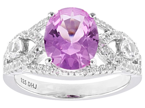 2.97ct Lab Pink Sapphire with 0.70ctw Lab White Sapphire Rhodium Over Sterling Silver Ring - Size 10