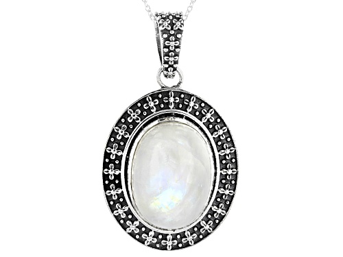 20x15mm Oval Rainbow Moonstone Sterling Silver Pendant With Chain