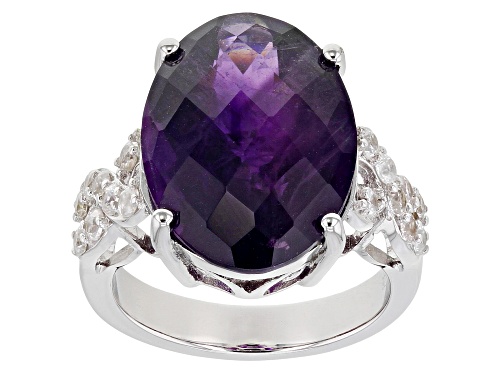 Photo of 8.00ct Oval Amethyst With 0.65ctw Round White Zircon Rhodium Over Sterling Silver Ring - Size 8