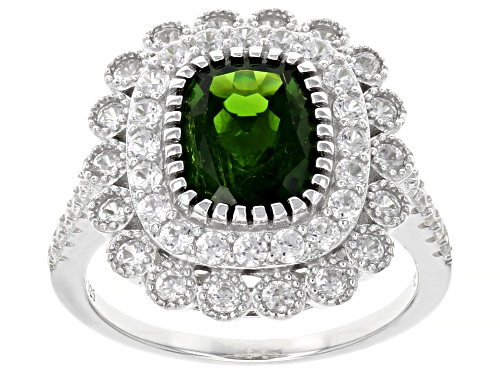 2.10ctw Cushion Chrome Diopside With 1.60ctw Round White Zircon Rhodium Over Sterling Silver Ring - Size 8