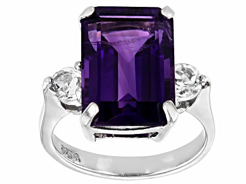 Photo of 5.80ct Octagonal Amethyst And 0.42ctw Round White Topaz Rhodium Over Sterling Silver Ring - Size 9