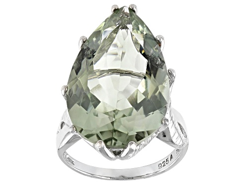 18.50ct Pear Shape Green Prasiolite Solitaire, Rhodium Over Sterling Silver Ring - Size 7