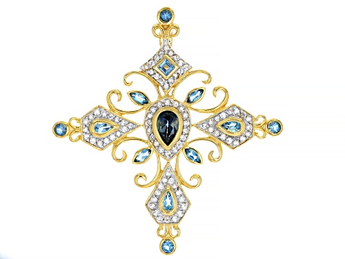 2.99ctw London Blue Topaz And White Zircon 18k Yellow Gold Over Sterling Silver Cross Pendant