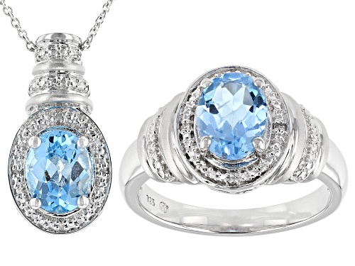 Photo of 3.00ctw Swiss Blue Topaz With 0.02ctw White Diamond Rhodium Over Sterling Silver Ring & Pendant Set