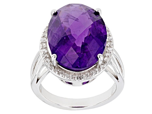 Photo of 8.00ct Oval Amethyst With 0.40ctw Round White Zircon Rhodium Over Sterling Silver Ring - Size 7
