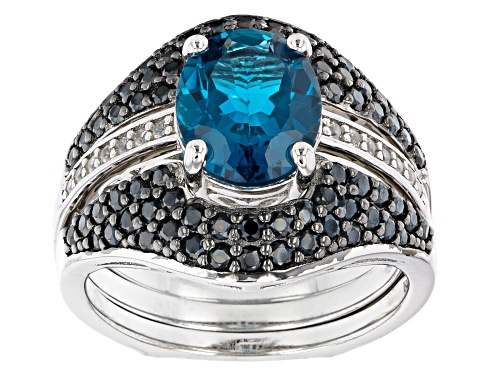 3.28ct London Blue Topaz With 1.11ctw Black Spinel & White Zircon Rhodium Over Silver Ring Set of 2 - Size 7