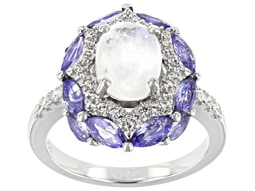 Photo of 2.00ct Rainbow Moonstone With 2.88ctw Tanzanite And White Zircon Rhodium Over Sterling Silver Ring - Size 7