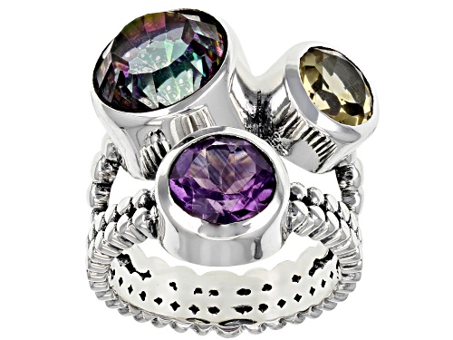 Photo of 2.30ct Multi-Color Quartz With 1.40ct African Amethyst And 0.80ct Citrine Sterling Silver Ring - Size 8