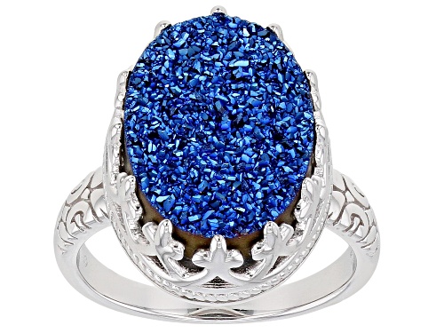 Photo of Oval Royal Blue Drusy Quartz Rhodium Over Sterling Silver Ring - Size 7