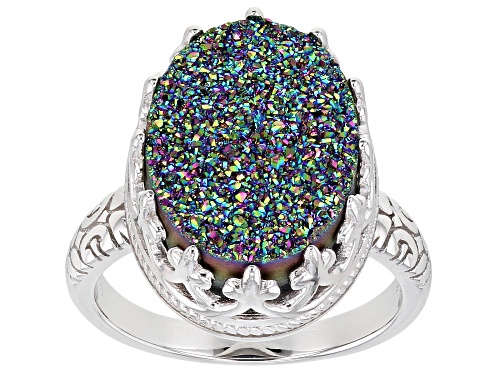Oval Rainbow Green Drusy Quartz Rhodium Over Sterling Silver Ring - Size 7