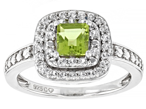 Photo of 0.47ctw Cushion Peridot With 1.48ctw Lab Created White Sapphire Rhodium Over Sterling Silver Ring - Size 7