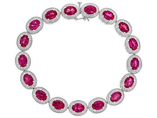12.50ctw Oval Lab Created Ruby With White Diamond Accent Rhodium Over Sterling Silver Bracelet - Size 8