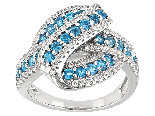 Photo of 1.00ctw Round Neon Apatite With 0.70ctw Round White Zircon Rhodium Over Sterling Silver Ring - Size 7