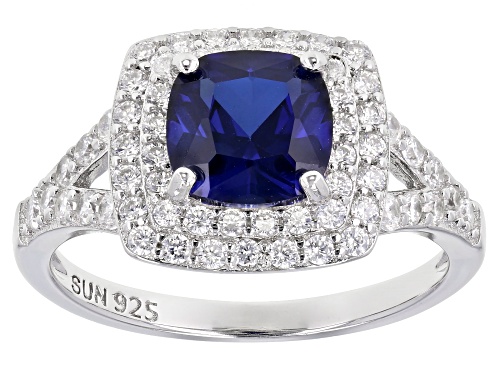 Photo of 1.70ct Cushion Lab Blue Sapphire With 0.79ctw Round Cubic Zirconia Rhodium Over Sterling Ring - Size 7
