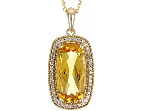 5.5ctw Rectangle Cushion Citrine With .20ctw Round White Diamond 10K Yellow Gold Pendant With Chain