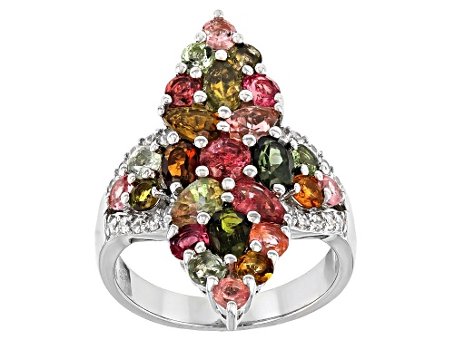 Photo of 3.25ctw Multi Color Tourmaline and White Zircon Rhodium Over Sterling Silver Ring - Size 7