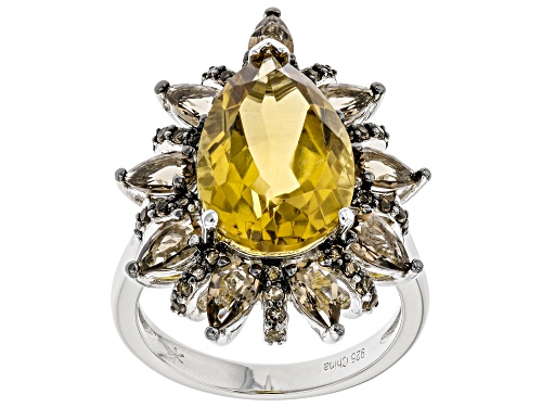 Photo of 4.75ct Pear Shaped Citrine With 1.75ctw Smoky Quartz Rhodium Over Sterling Silver Ring - Size 7
