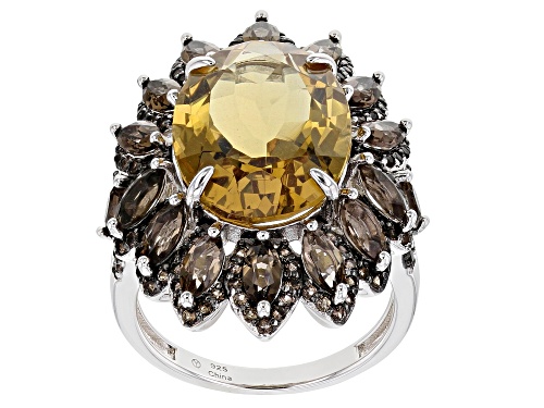 Photo of 7.00ct Oval Golden Citrine With 2.50ctw Smoky Quartz Rhodium Over Sterling Silver Ring - Size 7