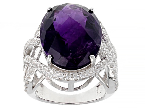 Photo of 13.00ct Oval African Amethyst With 3.00ctw Round White Zircon Rhodium Over Sterling Silver Ring - Size 7