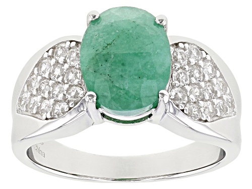 2.75ct Oval Zambian Emerald With 0.65ctw Round White Zircon Rhodium Over Sterling Silver Ring - Size 8