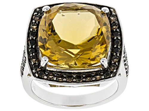Photo of 9.50ct Cushion Citrine With 0.75ctw Round Smoky Quartz Rhodium Over Sterling Silver Ring - Size 7