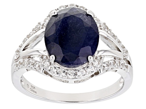 Photo of 3.75ct Oval  Blue Sapphire With 0.60ctw Round White Zircon Rhodium Over Sterling Silver Ring - Size 8