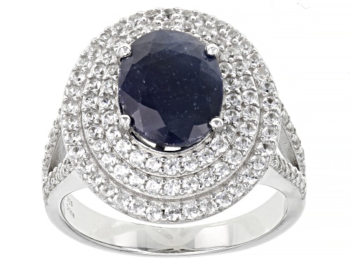 1.75CT Oval Blue Sapphire with 1.00ctw Round White Zircon Rhodium Over Sterling Silver Ring - Size 9
