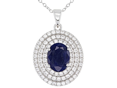 2.25CT Blue Sapphire with 1.00ctw White Zircon Rhodium Over Silver Pendant with Chain