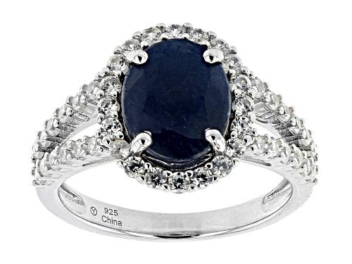 Photo of 2.25ct Blue Sapphire with 1.00ctw Round White Zircon Rhodium Over Sterling Silver Ring - Size 9