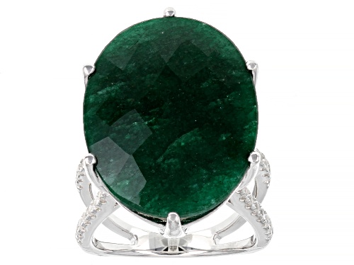 Photo of 18.00ct Oval Green Beryl With 0.40ctw Round White Zircon Rhodium Over Sterling Silver Ring - Size 8