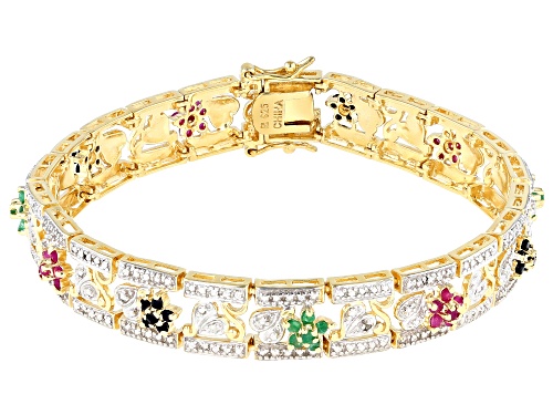 .50ctw Ruby, .50ctw Sapphire, .25ctw Emerald,  White Diamond Accent 14K Gold Over Silver Bracelet - Size 7.25