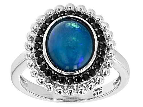 0.85ctw 10x8mm Blue Ethiopian Opal and 0.25ctw Black Spinel Rhodium Over Sterling Silver Ring - Size 9