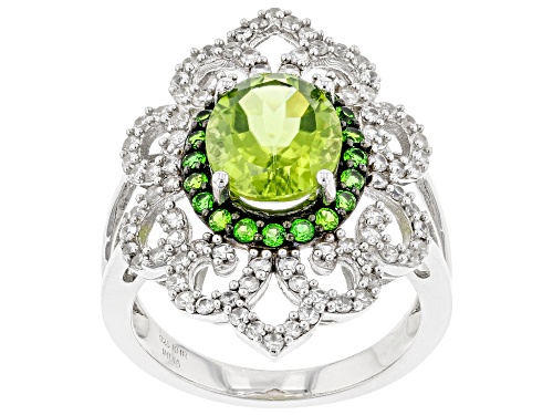 3.36ctw Peridot, Chrome Diopside and White Zircon Rhodium Over Silver Ring - Size 7