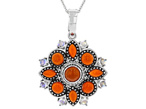 Photo of 5.07ctw Orange Chalcedony,Rainbow Moonstone and White Zircon Rhodium Over Silver Pendant w Chain