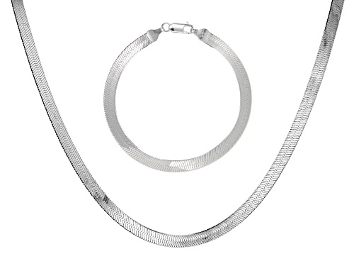 Sterling Silver Set of 2 Herringbone 7.25 Inch Bracelet and 18 Inch Necklace