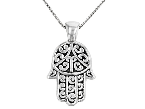 Photo of Sterling Silver Oxidized Hamsa Hand Pendant with 18 Inch Box Chain