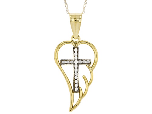 Photo of 10K Yellow Gold with White Rhodium Accent Cross Angel Wing Pendant with 18 Inch Chain
