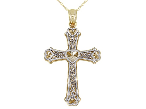Photo of 14K Yellow Gold and Rhodium Over 14K Yellow Gold Diamond-Cut Cross Pendant with Chain