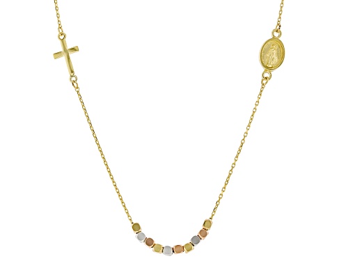 10k Yellow Gold, 10k White Gold, & 10k Yellow Gold Cross & Bead Station 17 Inch Necklace - Size 17