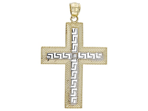 10k Yellow Gold & Rhodium Over 10k Yellow Gold Enamel Greek Key Cross Pendant