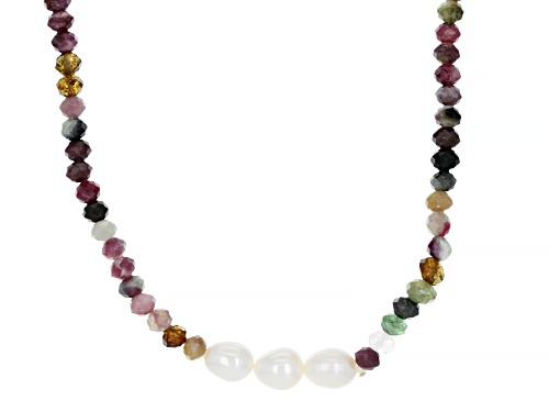 7-8mm White Cultured Freshwater Pearl & Multi-Color Tourmaline 42 Inch Endless Necklace - Size 42