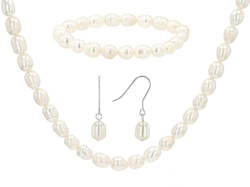 8-10mm White Cultured Freshwater Pearl Sterling Silver Necklace, Bracelet, & Earring Set