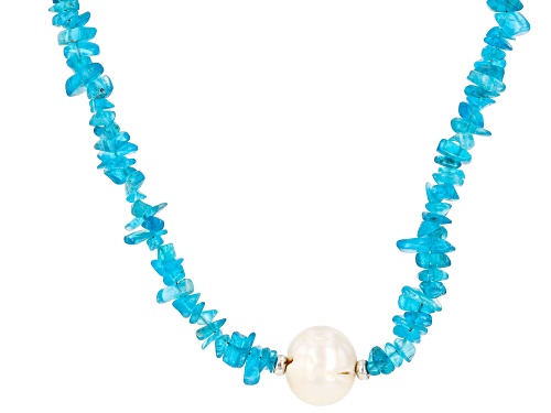 10mm White Cultured Freshwater Pearl And 65ctw Neon Apatite Rhodium Over Sterling Silver Necklace - Size 18