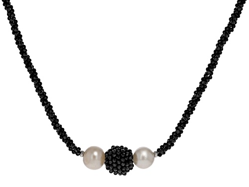 10mm White Cultured Freshwater Pearl and Black Spinel Rhodium Over Sterling Silver Necklace - Size 18