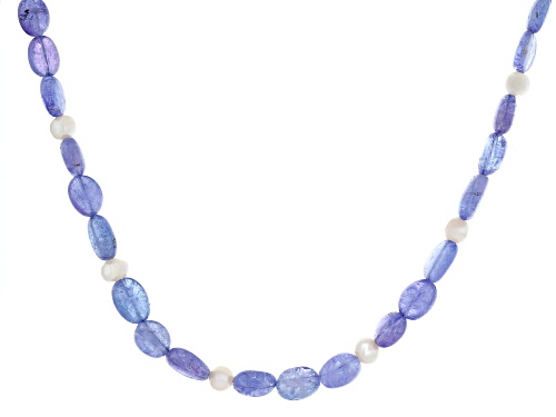 5mm White Cultured Freshwater Pearl and Tanzanite Rhodium Over Sterling Silver Necklace - Size 18