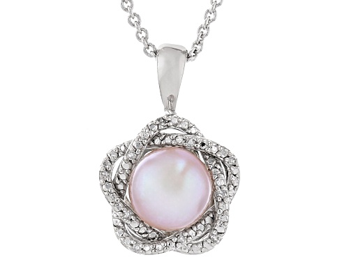 7mm Pink Cultured Freshwater Pearl With Diamond Accent Rhodium Over Sterling Silver Pendant