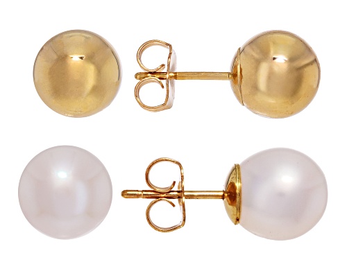 8mm White Cultured Freshwater Pearl & Gold Bead 14k Yellow Gold Earrings Set of 2