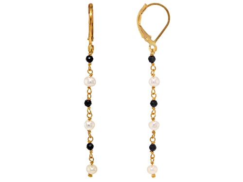 4mm White Cultured Freshwater Pearl & Black Spinel 18k Yellow Gold Over Sterling Silver Earrings