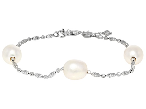 9mm White Cultured Freshwater Pearl Rhodium Over Sterling Silver Bracelet